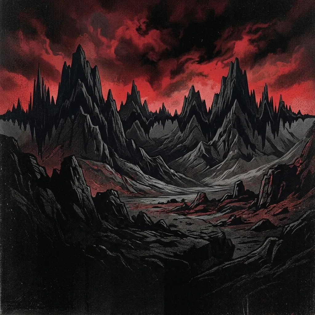 ilustración tributo de capas de ondas sonoras en forma de montañas oscuras bajo un cielo que mezcla rojo sangre y negro profundo, estética post-rock sin figuras humanas ni logos