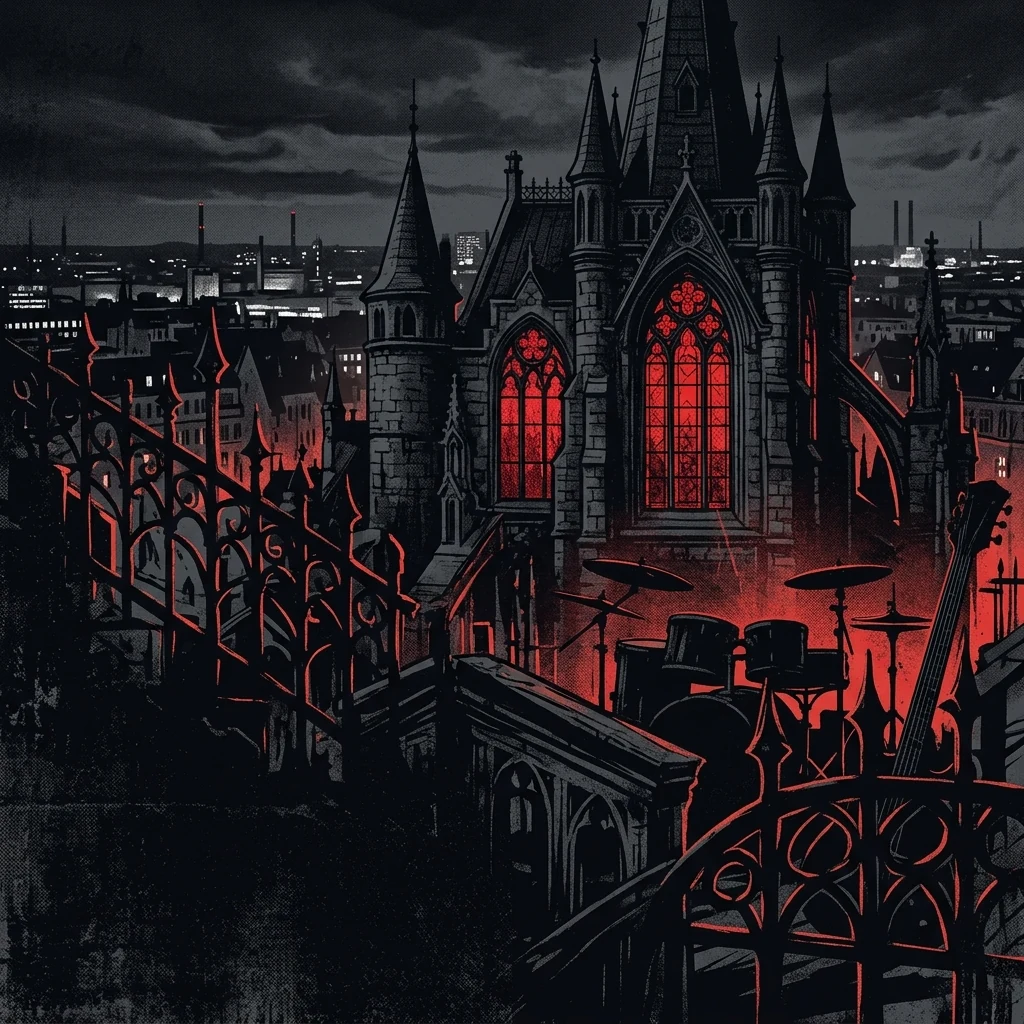 ilustración tributo de una catedral oscura con vitrales en rojo sangre y negro profundo sobre el horizonte nocturno de Hamburg, cruces y coronas de espinas estilizadas en primer plano, atmósfera dark rock gótico, sin rostros reconocibles ni logos, paleta rojo y negro