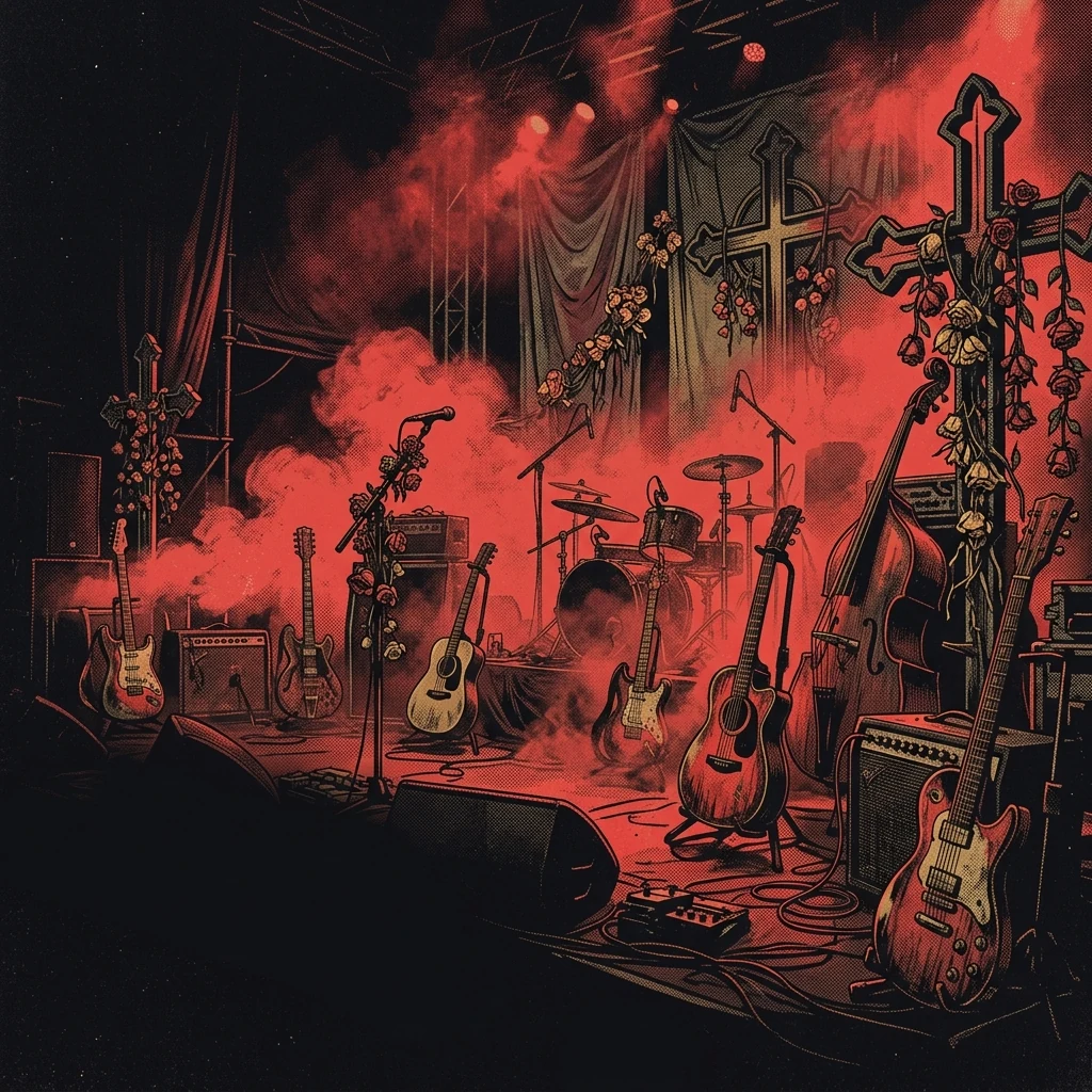 ilustración tributo de un escenario de concierto inundado de humo rojo con instrumentos acústicos y eléctricos entrelazados, cruces estilizadas y flores marchitas como decorado, atmósfera teatral y gótica de gran festival europeo, sin rostros ni logos, paleta rojo y negro con destellos dorados