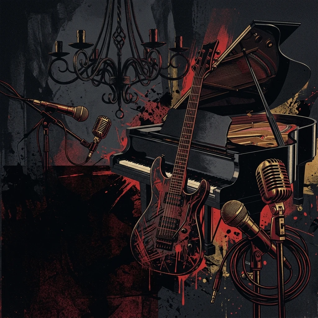 ilustración tributo de un collage de guitarra eléctrica, corona de espinas, piano de cola y micrófonos vintage sobre fondo negro con detalles en rojo sangre, atmósfera dark rock teatral y exuberante de escena gótica hamburgesa, sin texto ni logotipos, paleta rojo y negro con dorado
