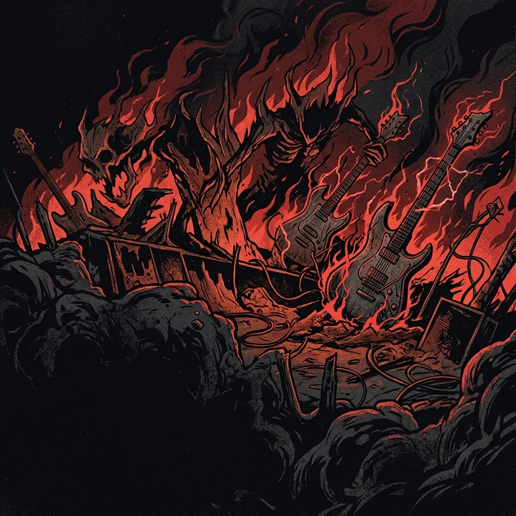 ilustración tributo de un escenario infernal con siluetas de monstruos en llamas y guitarras electrizantes, atmósfera de horror teatral, paleta rojo y negro, sin rostros reconocibles ni logos