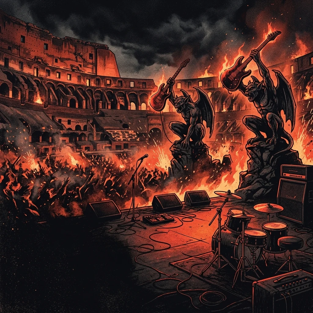 ilustración tributo de un coliseo iluminado por fuego bajo un cielo nocturno, figuras monstruosas sobre el escenario con guitarras en alto, multitud en llamas de entusiasmo, paleta rojo y negro, sin rostros ni logos