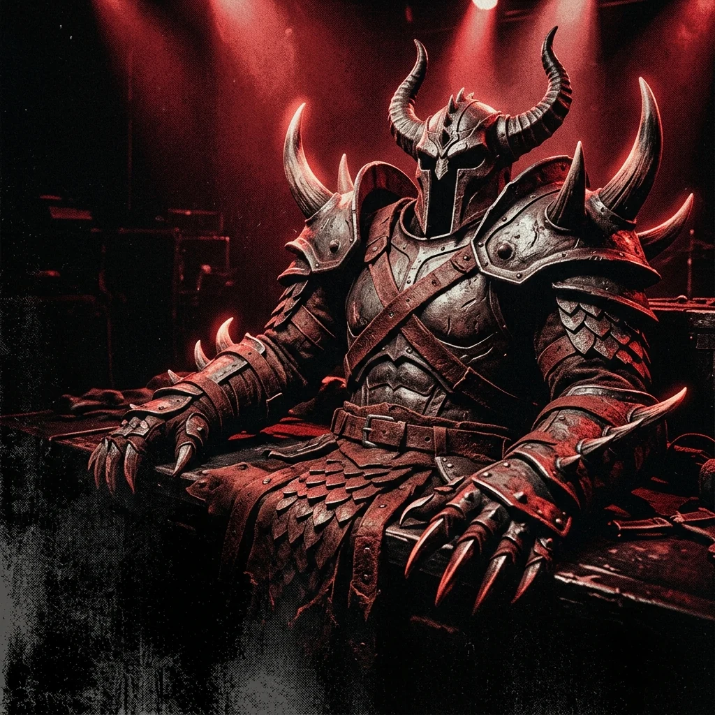 ilustración tributo de una armadura de monstruo con cuernos y garras iluminada por luz roja de escenario, detalles de metal fundido y cuero, atmósfera de horror épico, paleta rojo y negro, sin texto ni logotipos