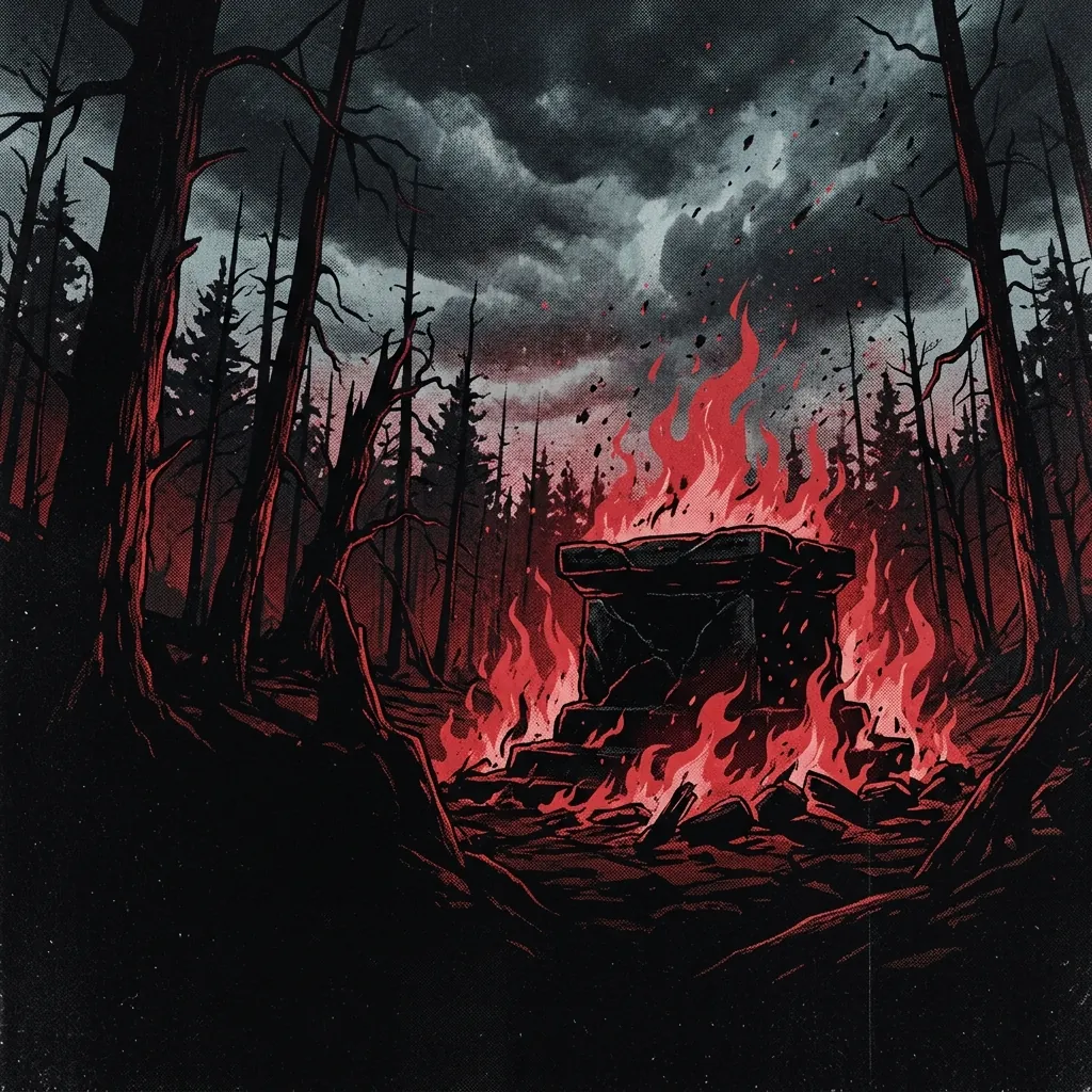ilustración tributo de un altar de piedra negra rodeado de llamas carmesí en un bosque de pinos quemados, cenizas ascendiendo hacia un cielo de tormenta, atmósfera de deathcore sinfónico underground de principios de los 2010s, sin rostros reconocibles ni logos, paleta rojo sangre y negro abismo