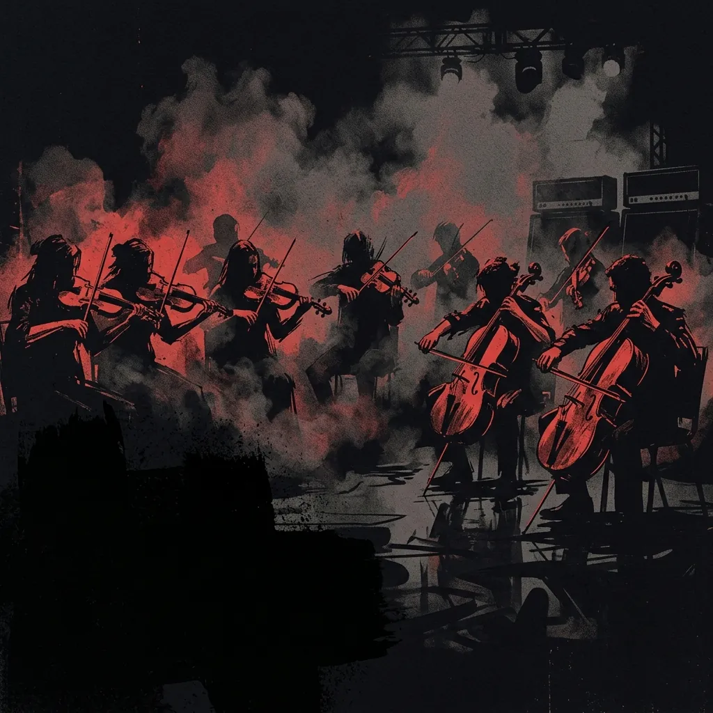 ilustración tributo de una orquesta de cuerdas dibujada en tinta roja sobre papel ennegrecido, instrumentos clásicos envueltos en sombras y humo, atmósfera de deathcore sinfónico en su apogeo de los años 2020s, sin rostros ni logos, paleta rojo y negro