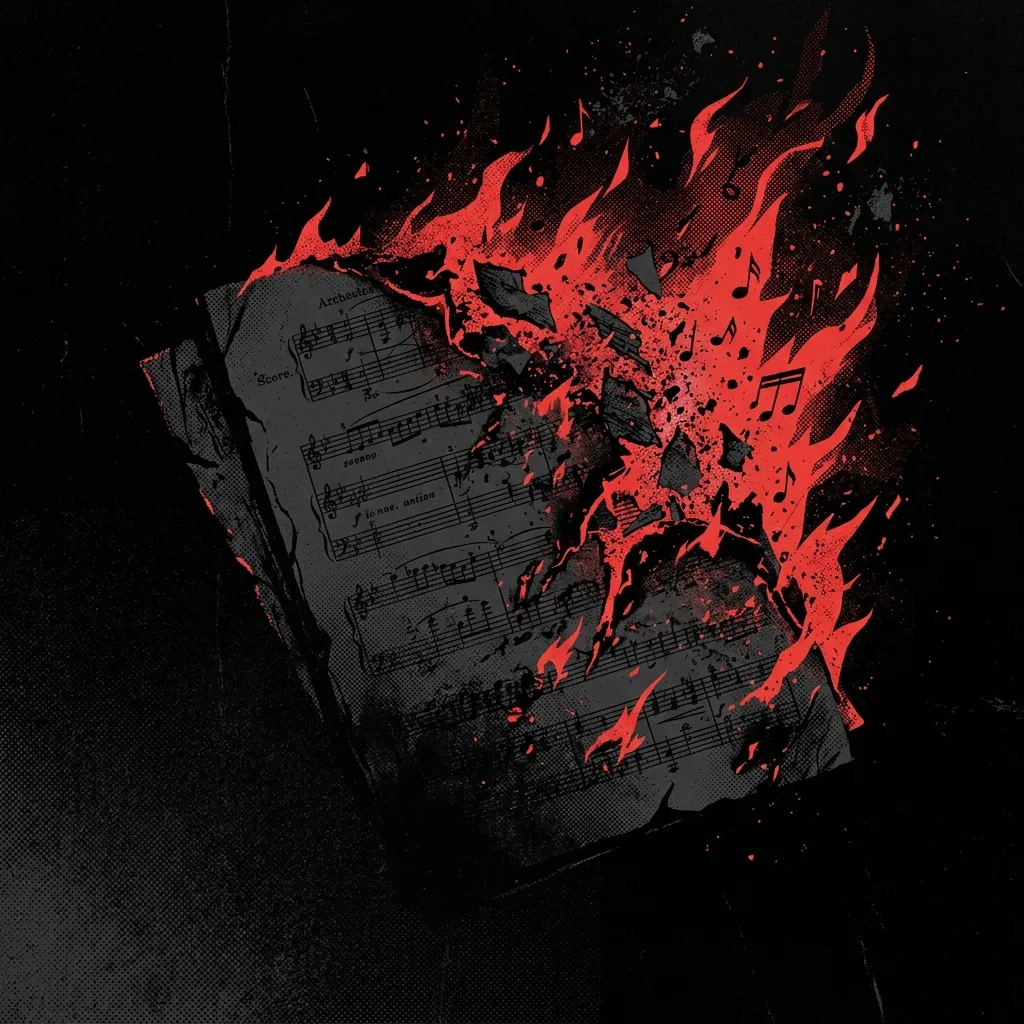 ilustración tributo de una partitura orquestal rota en fragmentos que se convierten en llamas rojas, notas musicales transformándose en cenizas sobre fondo de oscuridad absoluta, sin texto ni logotipos, paleta rojo sangre y negro abismo
