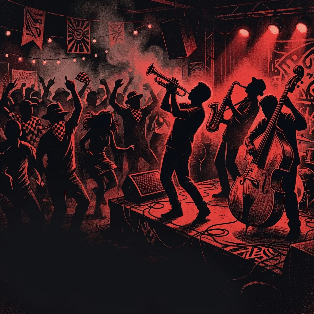 ilustración tributo de instrumentos de ska —trompeta, saxofón, contrabajo— en una fiesta latinoamericana nocturna, atmósfera festiva, paleta rojo y negro, sin rostros ni logos