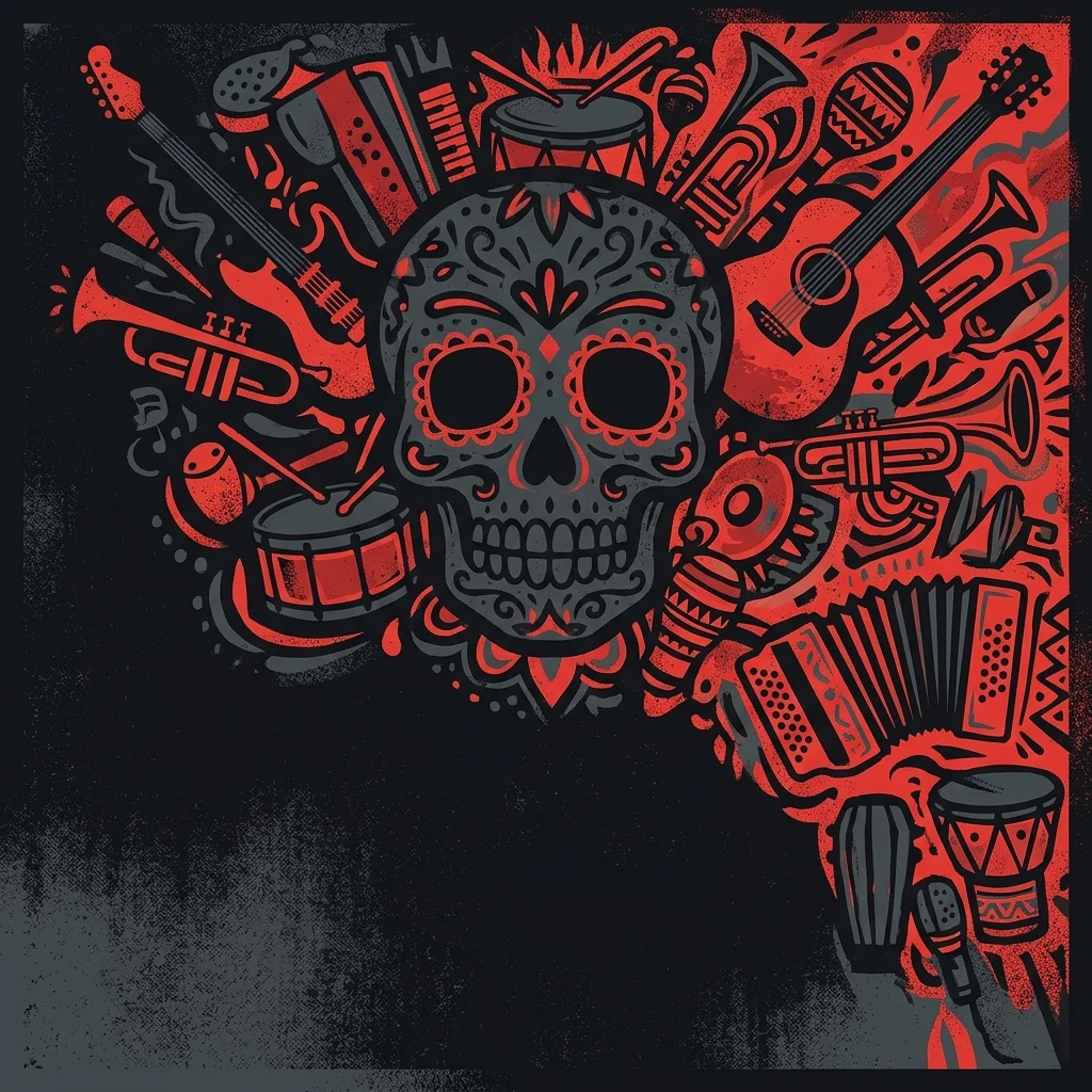 ilustración tributo de una calavera festiva estilizada estilo arte latinoamericano rodeada de instrumentos, atmósfera vibrante, paleta rojo y negro, sin rostros ni logos