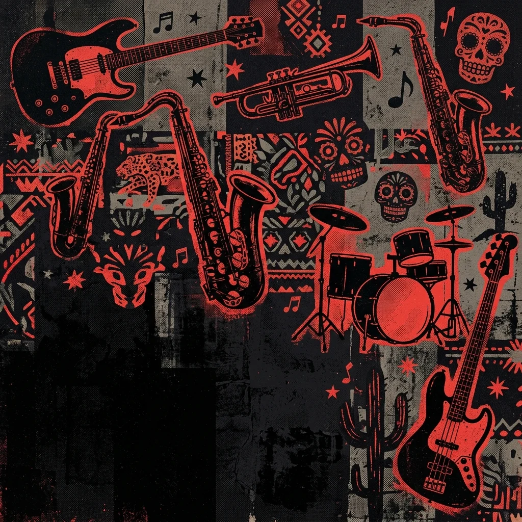 ilustración tributo de un collage de instrumentos de ska y rock con motivos latinoamericanos festivos, paleta rojo y negro, sin texto ni logotipos