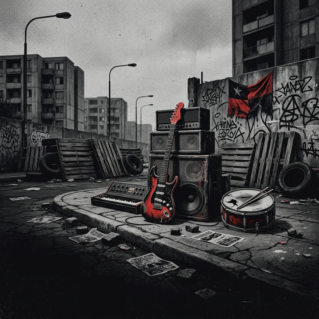 ilustración tributo del Santiago popular de los 80, jóvenes con instrumentos new wave en un entorno urbano gris, atmósfera de protesta, paleta rojo y negro, sin rostros ni logos