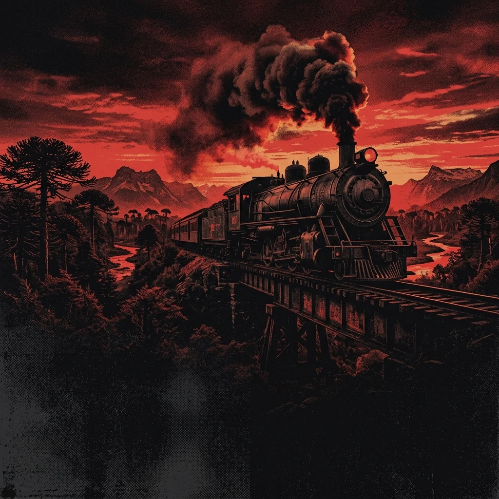 ilustración tributo de un tren atravesando un paisaje del sur de Chile al atardecer, atmósfera nostálgica, paleta rojo y negro, sin rostros ni logos