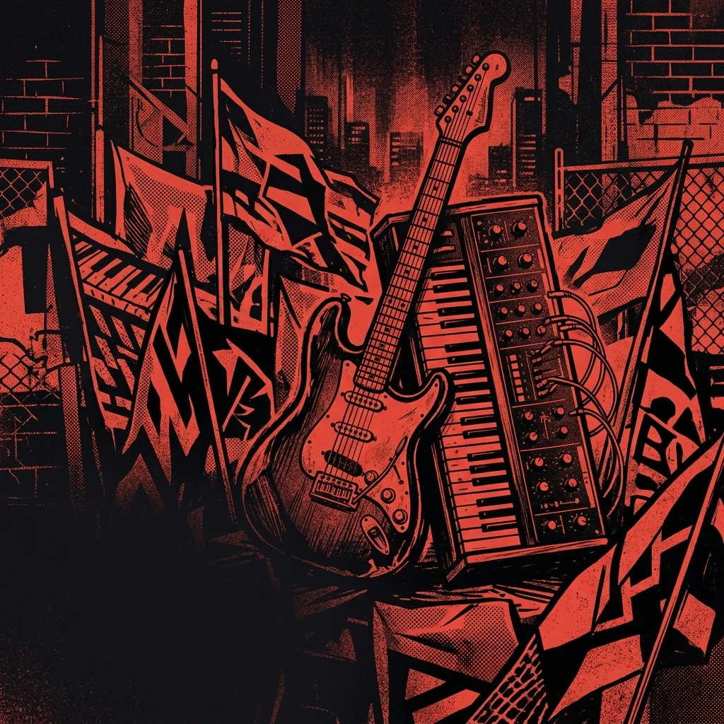 ilustración tributo de un sintetizador y una guitarra entre pancartas de protesta estilizadas, atmósfera ochentera urbana, paleta rojo y negro, sin texto ni logotipos