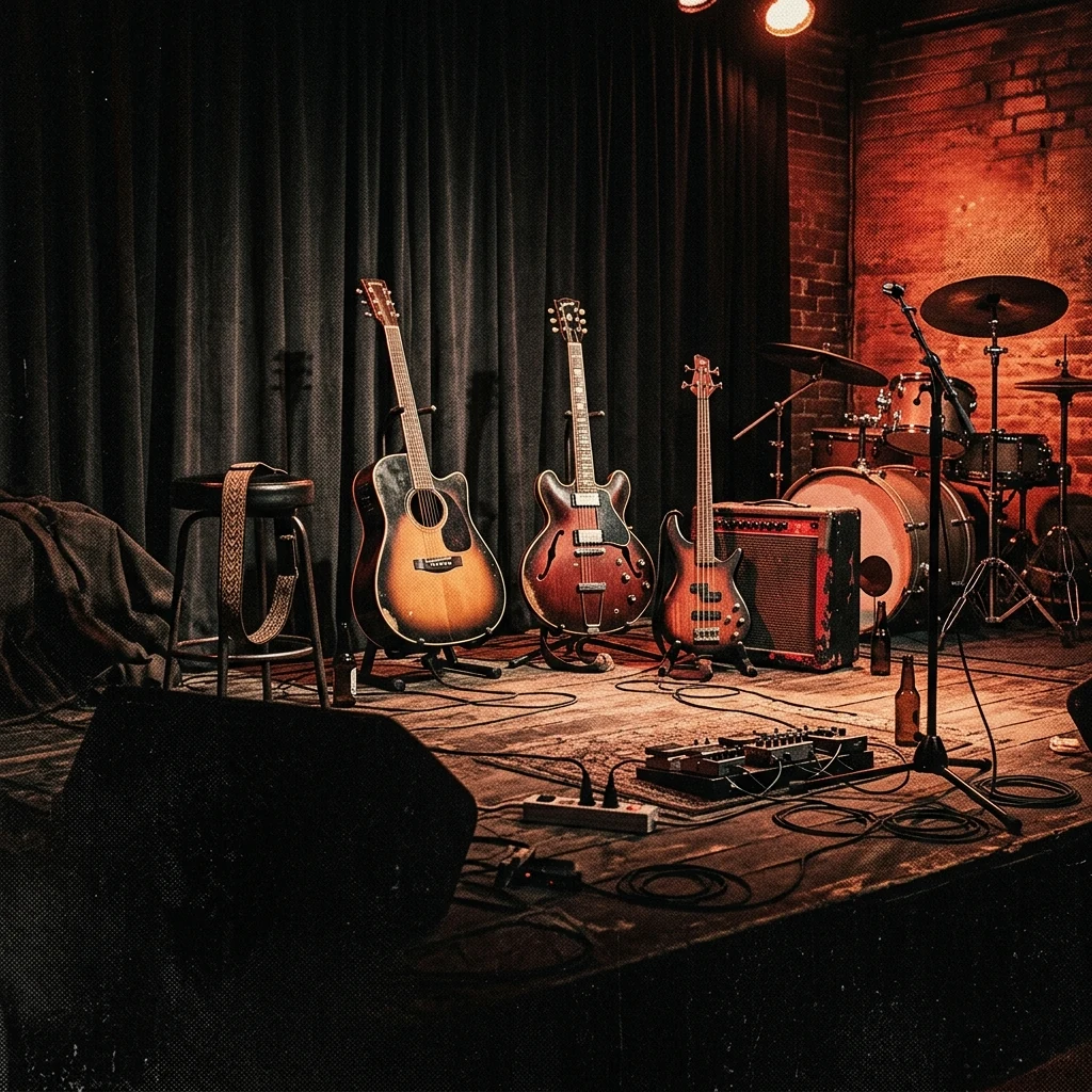 ilustración tributo de un escenario íntimo con instrumentos acústicos y eléctricos bajo luz cálida, atmósfera de unplugged, paleta rojo y negro, sin rostros ni logos