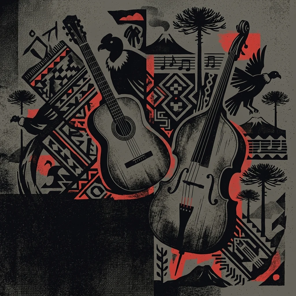 ilustración tributo de un collage de guitarra, contrabajo y motivos folclóricos chilenos, atmósfera cálida y bohemia, paleta rojo y negro, sin texto ni logotipos