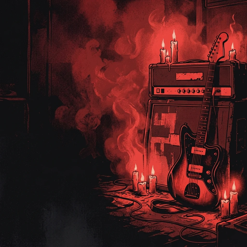 ilustración tributo de una sala oscura con una guitarra eléctrica apoyada en un amplificador vintage, velas encendidas y humo denso, paleta rojo carmesí y negro profundo, sin rostros ni logos reconocibles