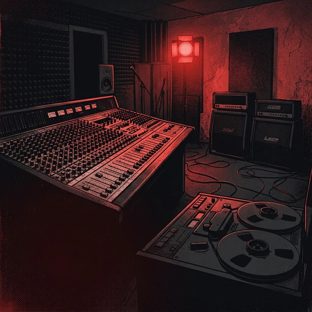 ilustración tributo de un estudio de grabación sombrío con consola analógica, cintas magnéticas y luz roja de ensayo, atmósfera ritual y concentrada, paleta rojo y negro, sin rostros ni logos