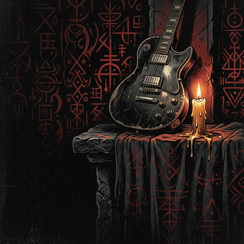 ilustración tributo de una guitarra eléctrica vintage iluminada por la luz de una vela sobre un altar oscuro, símbolos ocultistas abstractos en el fondo, atmósfera ceremonial, paleta rojo y negro sin texto ni logotipos