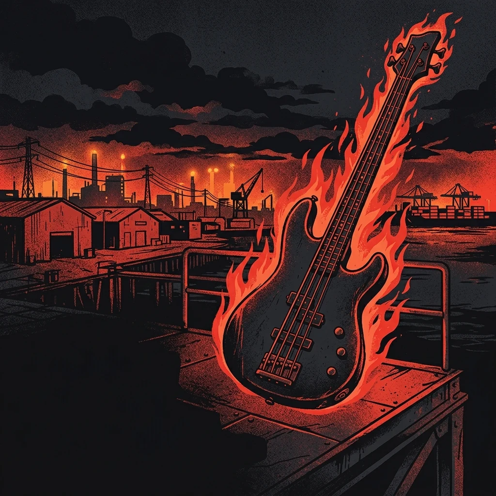 ilustración tributo de una guitarra eléctrica de bajo afinado envuelta en llamas sobre el skyline industrial de Oakland, atmósfera de asfalto y acero, paleta rojo y negro, sin rostros reconocibles ni logos