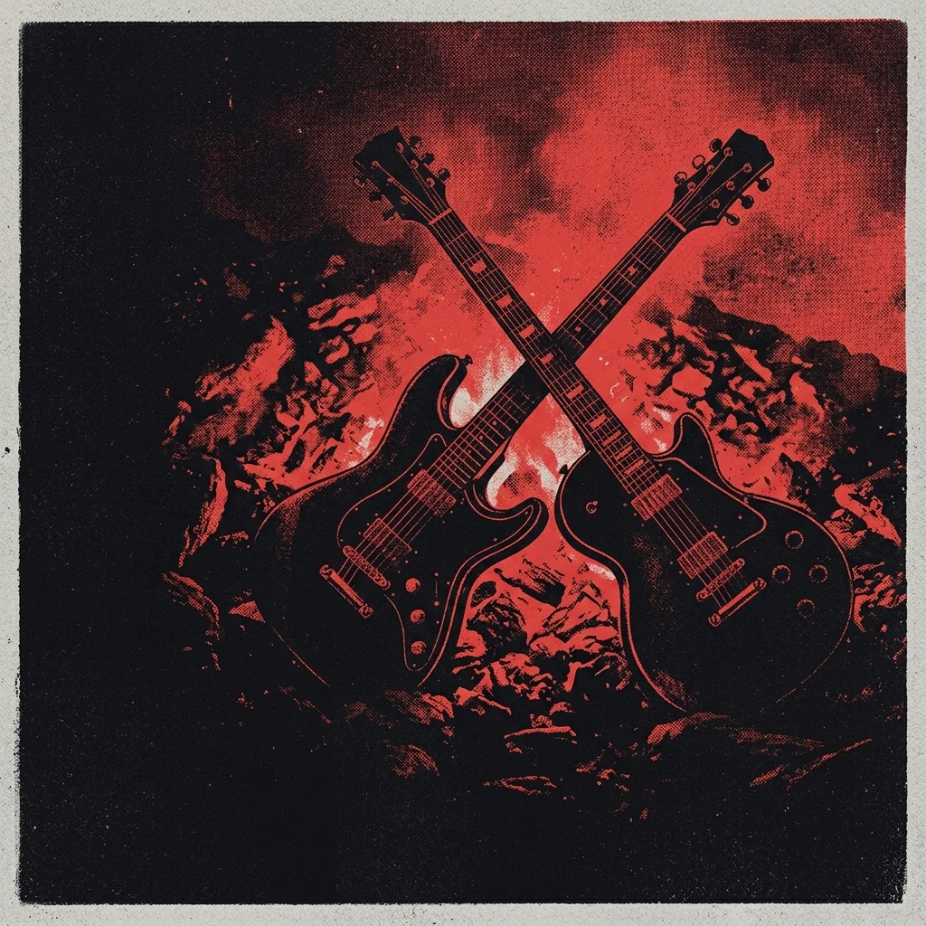 ilustración tributo de dos guitarras cruzadas sobre un fondo de brasas y ceniza, atmósfera de renacimiento y poder, paleta rojo y negro, sin rostros ni logos