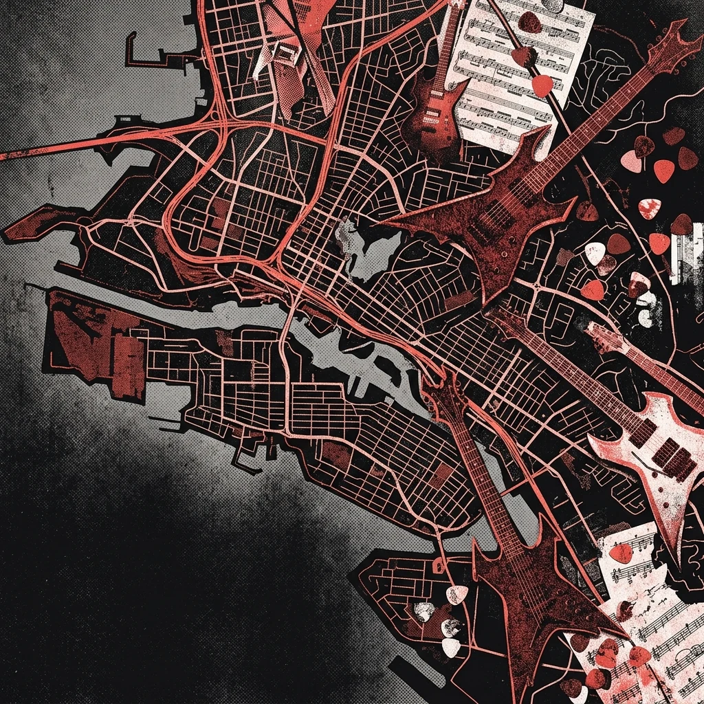 ilustración tributo de un mapa de Oakland con guitarras, púas y partituras superpuestas en tonos rojos y negros, collage de energía urbana y metal, sin texto ni logotipos
