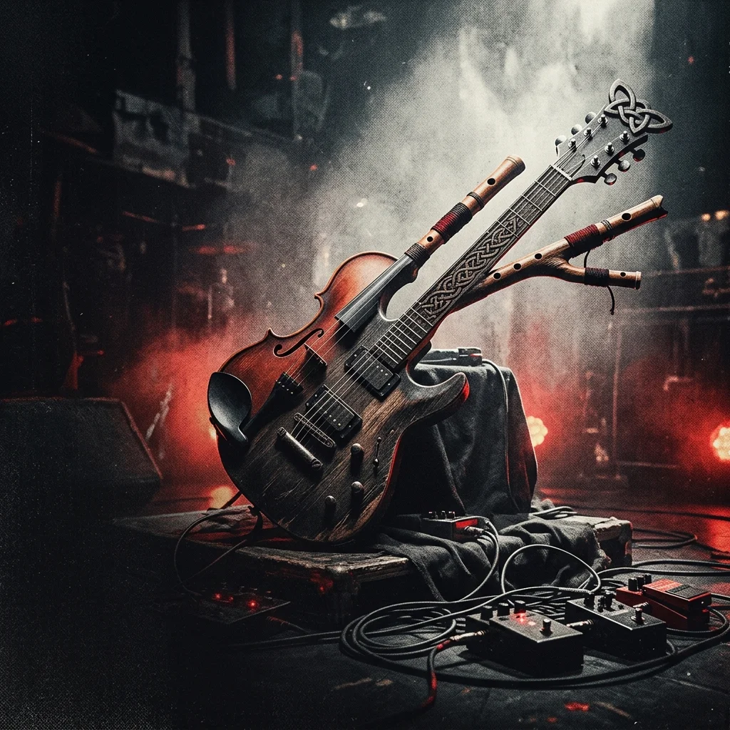 ilustración tributo de instrumentos celtas —violín, flauta— fundidos con una guitarra eléctrica de metal, atmósfera mitológica, paleta rojo y negro, sin rostros ni logos
