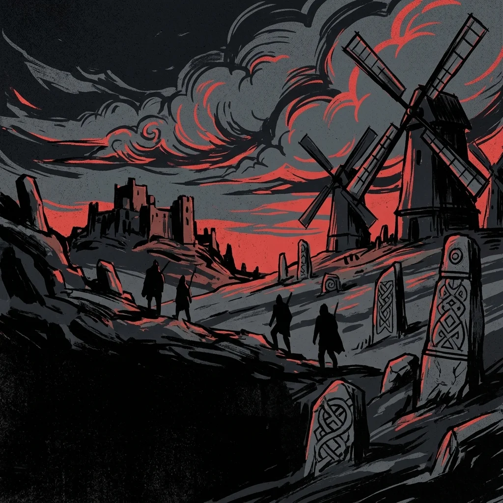 ilustración tributo de un paisaje épico-mitológico con molinos de viento y elementos celtas bajo un cielo dramático, paleta rojo y negro, sin rostros ni logos