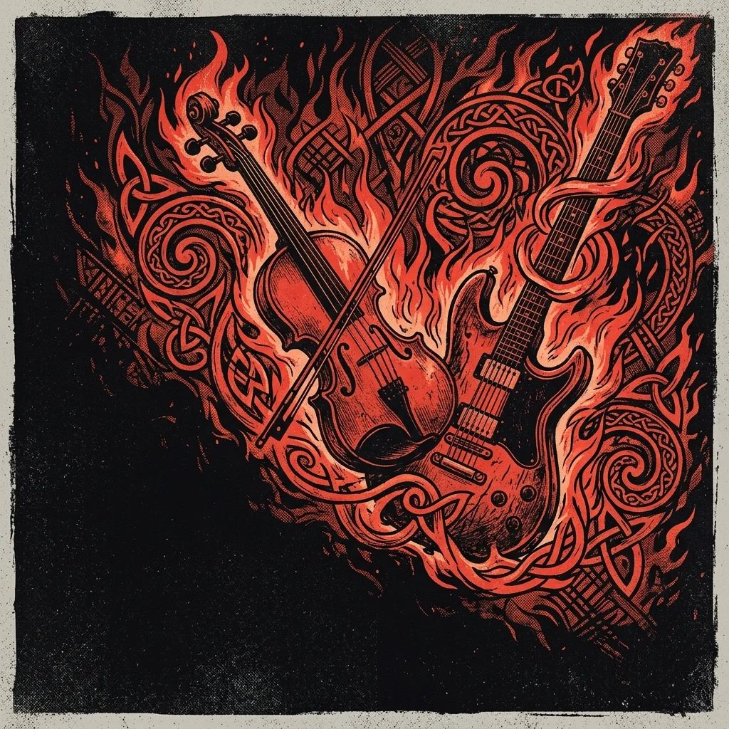 ilustración tributo de un violín y una guitarra eléctrica entre llamas y motivos celtas, estética folk metal épica, paleta rojo y negro, sin texto ni logotipos