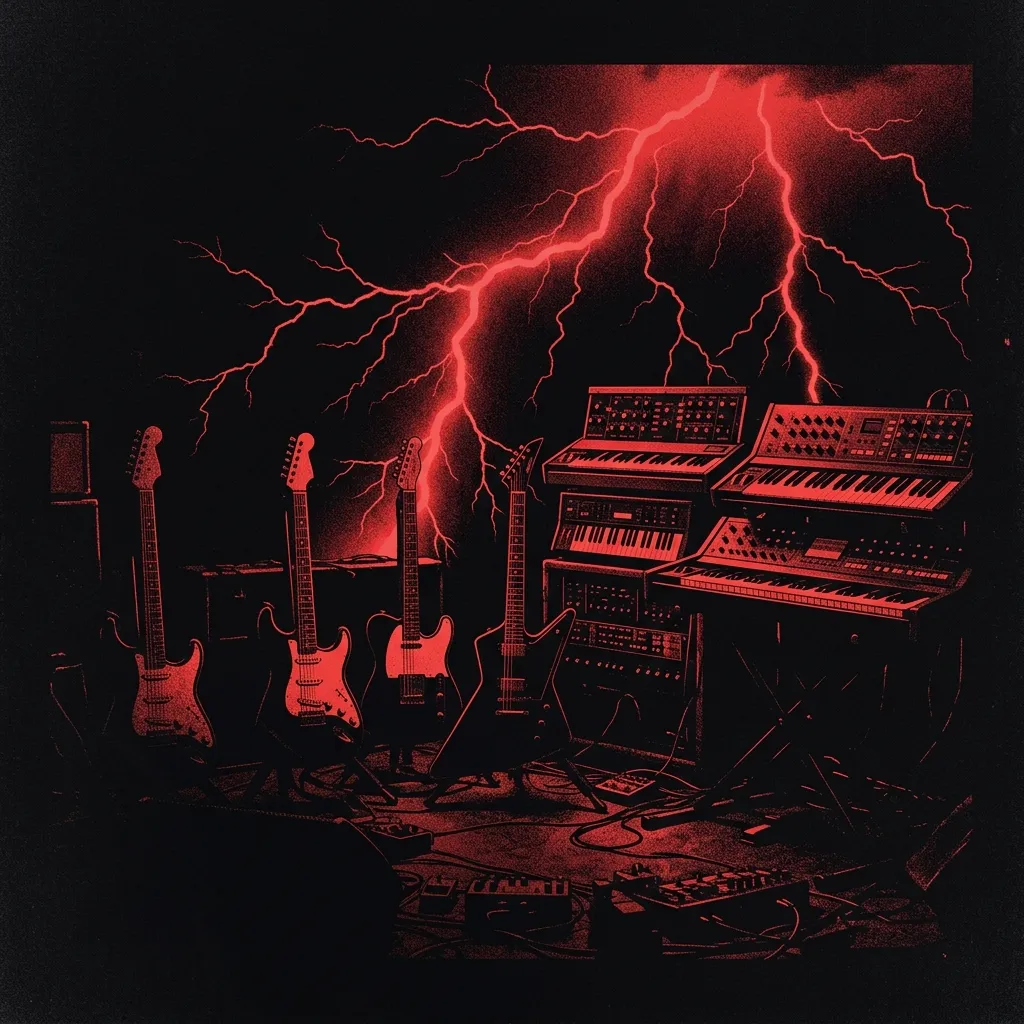 ilustración tributo de una tormenta eléctrica sobre siluetas de guitarras y teclados de síntesis, relámpagos rojos en fondo negro absoluto, ambiente de apocalipsis atmosférico, paleta rojo y negro, sin rostros ni logos
