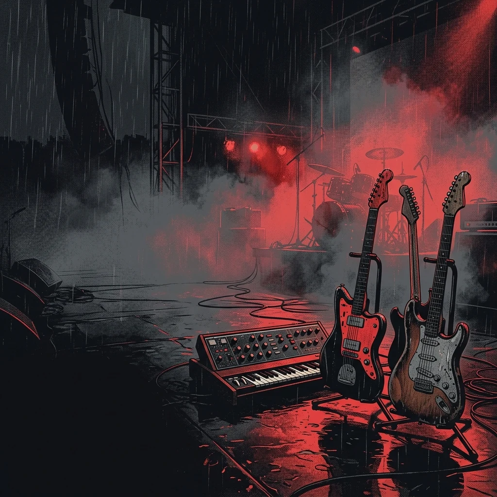 ilustración tributo de un escenario sumergido en niebla de colores rojos y negros, teclados vintage y guitarras eléctricas en primer plano, atmósfera de concierto nocturno bajo la lluvia, paleta rojo y negro, sin rostros reconocibles ni logos