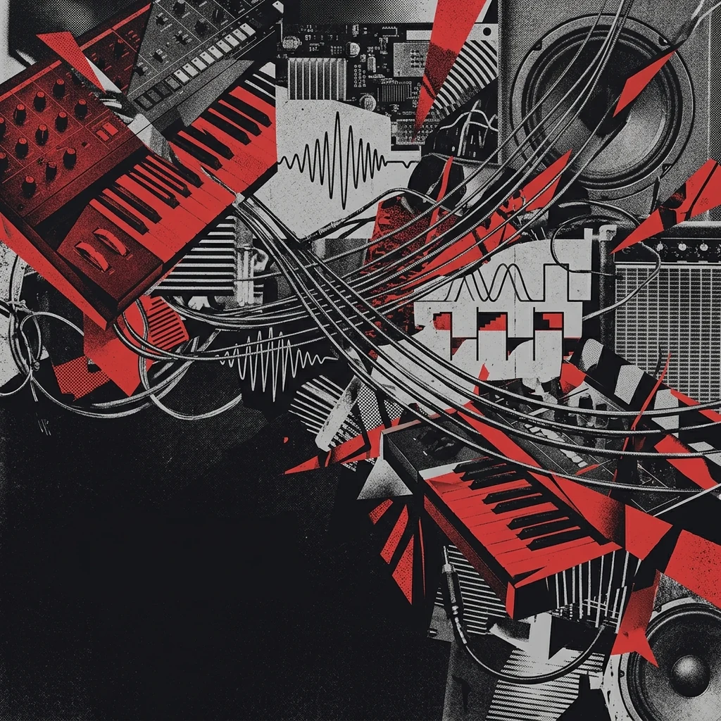 ilustración tributo de un collage abstracto de teclados de síntesis, cuerdas de guitarra amplificadas y ondas sonoras, formas geométricas fragmentadas en rojo y negro, ambiente de arquitectura sónica experimental, sin texto ni logotipos