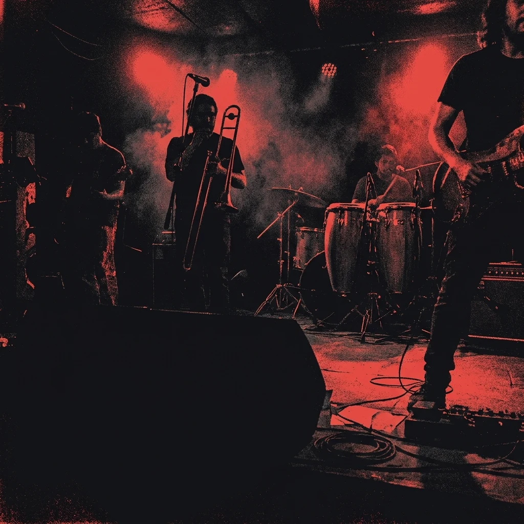 ilustración tributo al debut musical de una banda de rock mestizo en CDMX, escenario de bar con luces rojas y humo, siluetas de músicos con trombón y percusiones, paleta rojo-negro gritty, sin rostros ni logos
