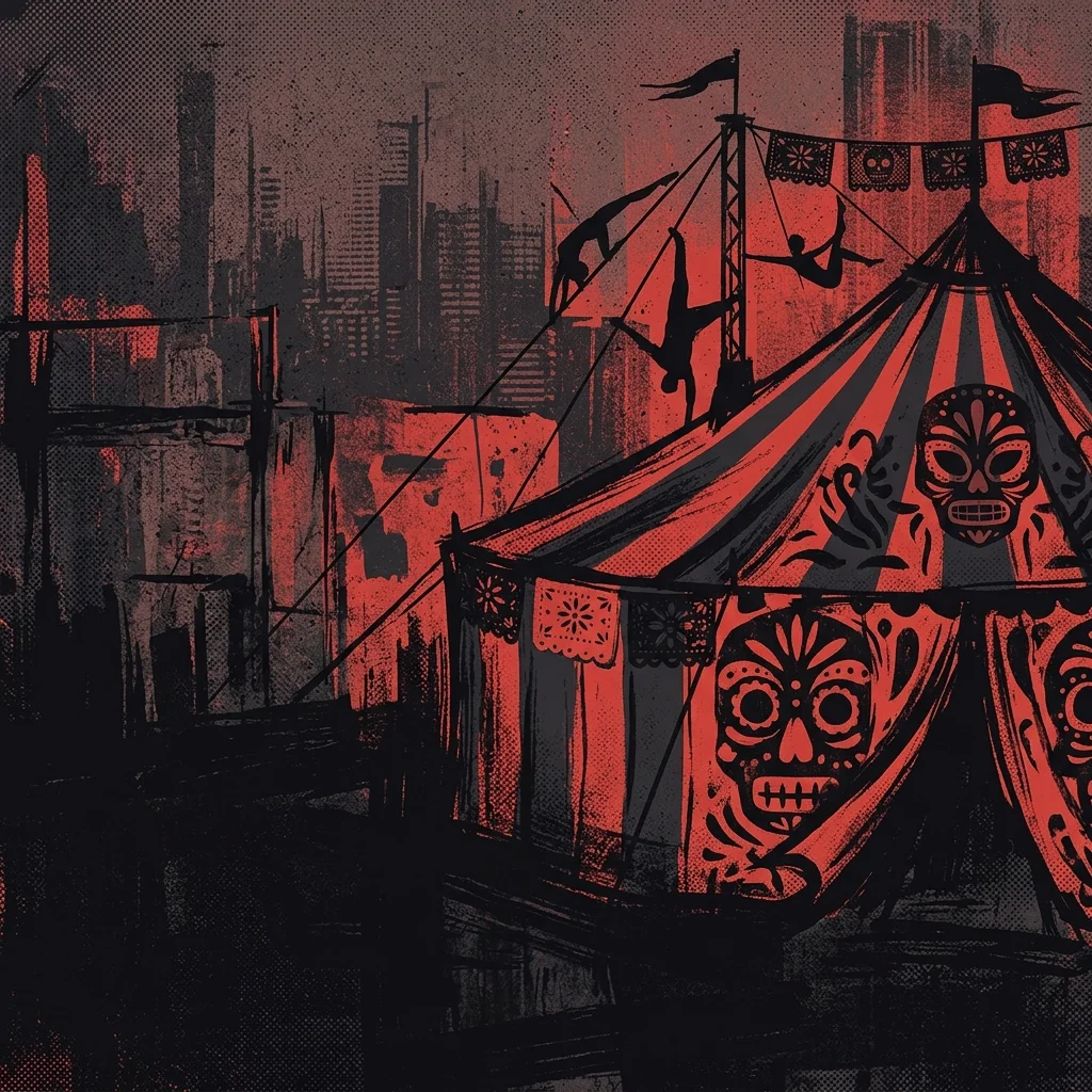 ilustración tributo de un circo urbano en CDMX al estilo de los años 90, carpa de rayas con elementos de arte popular mexicano, colores rojo y negro sobre fondo gritty, sin rostros ni logos, homenaje visual a El Circo 1991