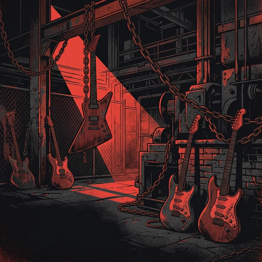ilustración tributo de guitarras eléctricas de cuerpo macizo y puños cerrados en un ambiente industrial oscuro, acero oxidado y luz roja cortante, paleta rojo y negro, sin rostros ni logos