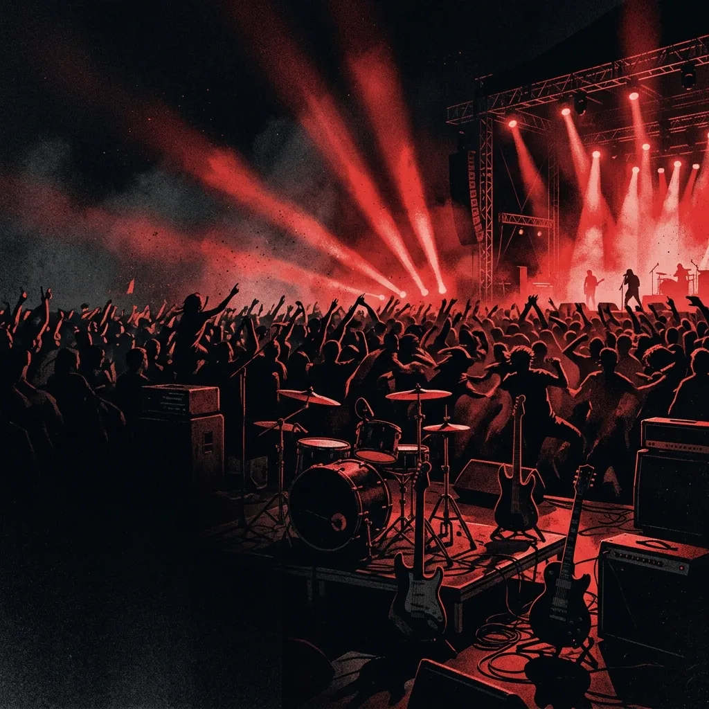 ilustración tributo de un escenario de festival al aire libre con columnas de luz roja sobre una multitud en silueta, instrumentos en primer plano sobre fondo negro, ambiente de energía colectiva y mosh pit épico, paleta rojo y negro, sin rostros reconocibles ni logos