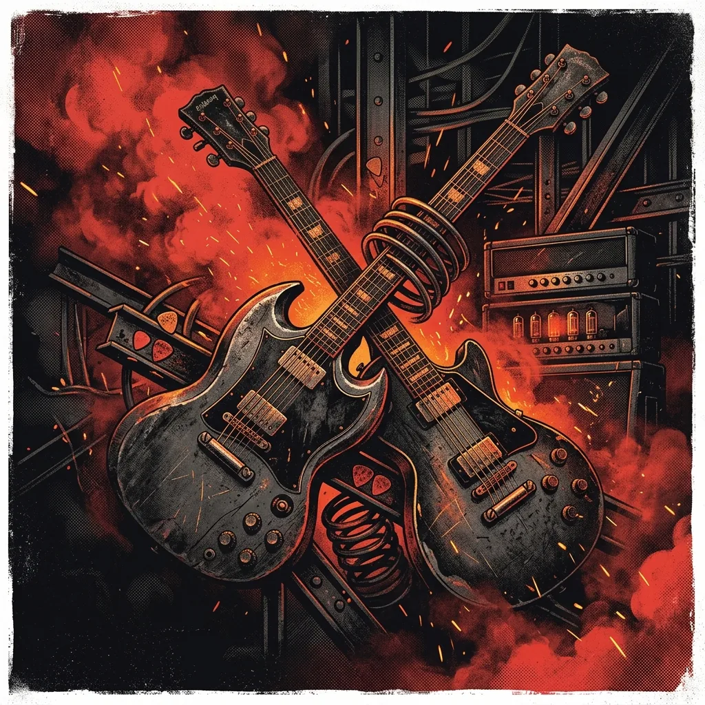 ilustración tributo de guitarras eléctricas entrelazadas con motivos de acero y humo sobre fondo oscuro, detalles de púas, cuerdas y amplificadores vintage, paleta rojo y negro con destellos naranjas, sin texto ni logotipos
