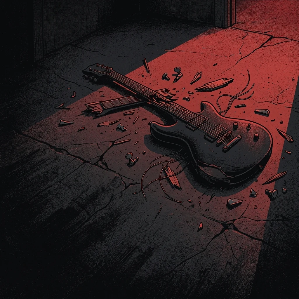 ilustración tributo de una guitarra eléctrica rota sobre concreto agrietado con esquirlas metálicas y luz roja cortando la oscuridad, atmósfera death metal Florida años 90, sin rostros reconocibles ni logos, paleta rojo y negro