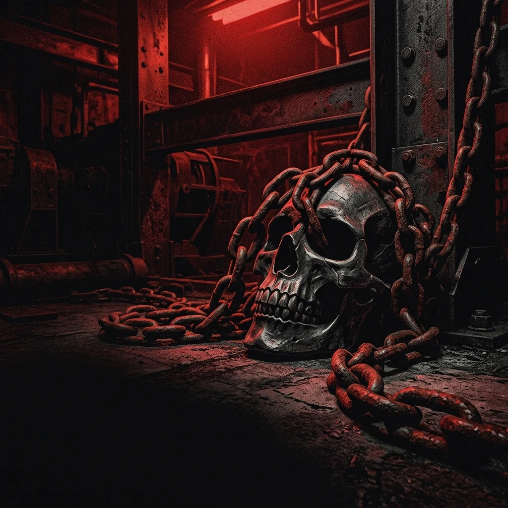 ilustración tributo de cadenas oxidadas enrolladas sobre un cráneo estilizado bajo luz roja sangre en un espacio industrial oscuro, atmósfera death metal técnico contemporáneo, sin rostros ni logos, paleta rojo y negro