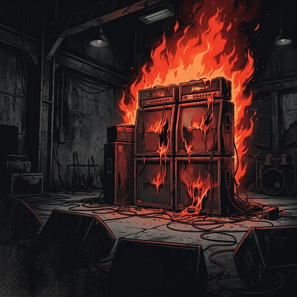 ilustración tributo de un amplificador estallando en llamas rojas sobre un escenario de concreto bajo iluminación industrial oscura, atmósfera death metal técnico Florida, sin texto ni logotipos, paleta rojo y negro con destellos de naranja