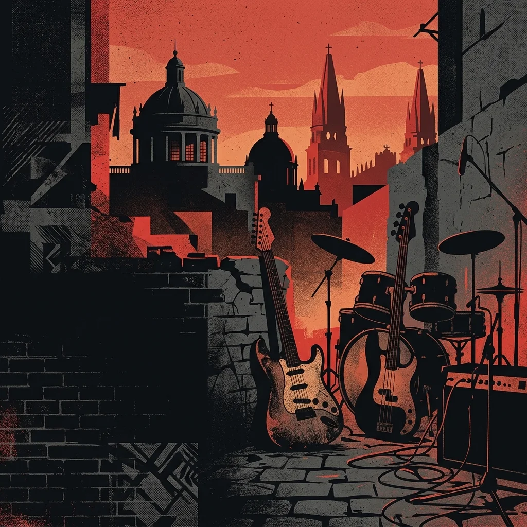 ilustración tributo a los inicios de Maná en Guadalajara, instrumentos de rock sobre un fondo de arquitectura tapatía al atardecer, paleta rojo y negro, sin rostros ni logos