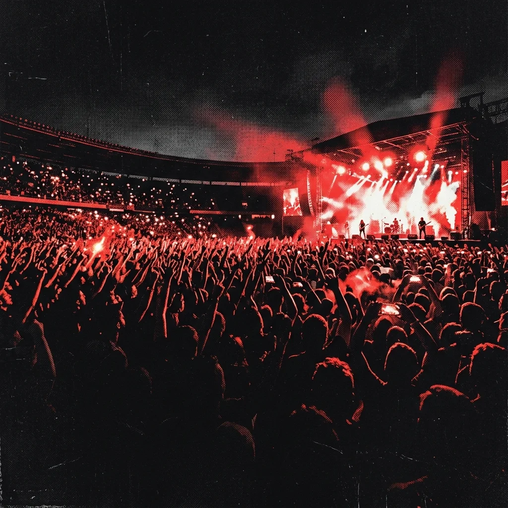 ilustración tributo de un estadio lleno en un concierto de rock latino, mar de luces y manos alzadas bajo cielo nocturno, sin rostros identificables, atmósfera épica rojo y negro