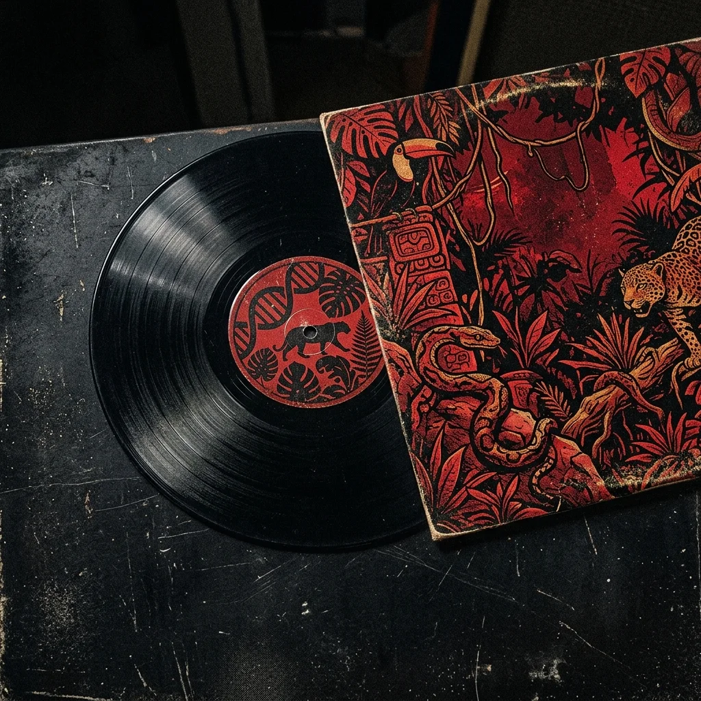 ilustración tributo de un disco de vinil de rock latino con motivos de naturaleza y selva, sobre fondo rojo y negro, sin texto ni logotipos reconocibles