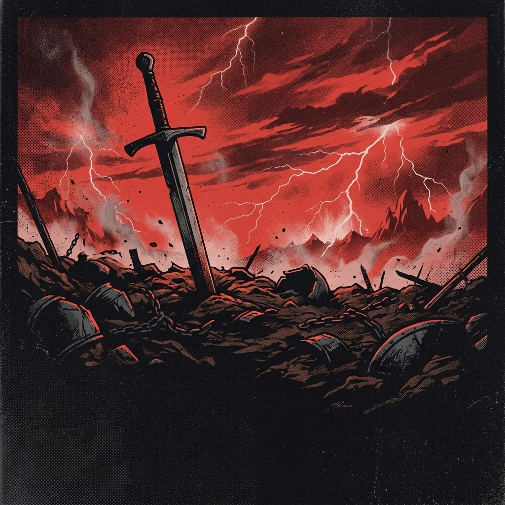 ilustración tributo de una espada clavada en un campo de batalla bajo un cielo carmesí con relámpagos, atmósfera heavy metal épico americano años 80, sin rostros reconocibles ni logos, paleta rojo y negro