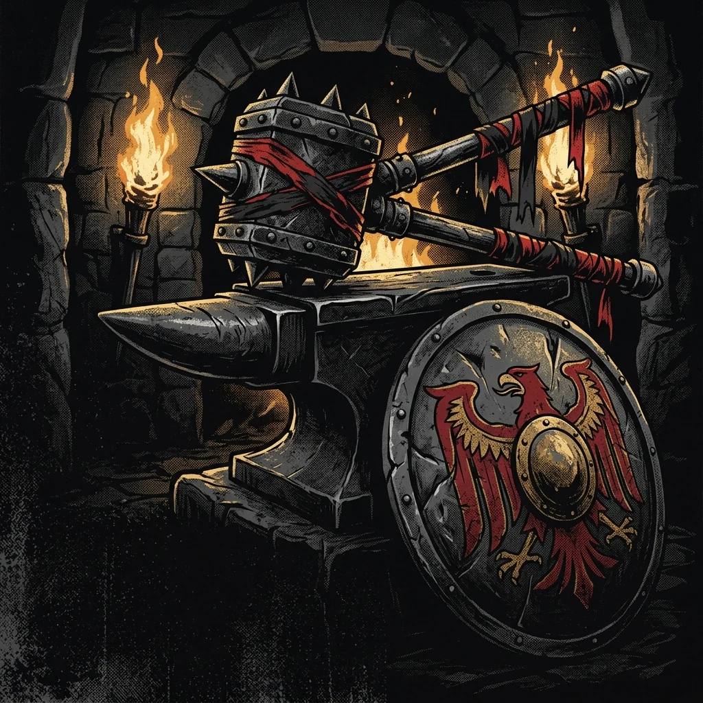 ilustración tributo de un escudo y una maza de guerra sobre un yunque encendido bajo antorchas de fuego, atmósfera metal épico americano era moderna, sin rostros ni logos, paleta rojo y negro con destellos dorados