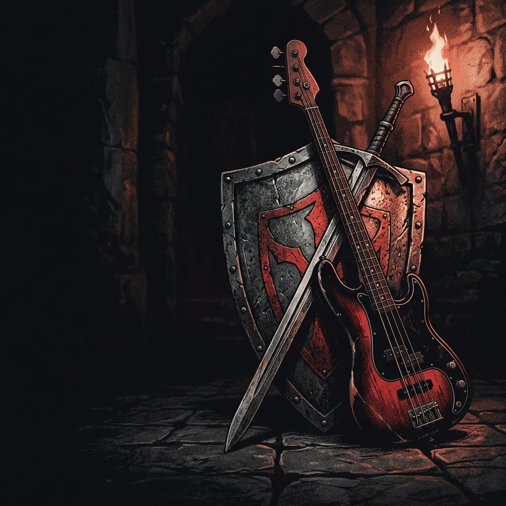 ilustración tributo de un bajo eléctrico y una espada cruzados sobre un escudo de acero bajo la luz de una antorcha, atmósfera heavy metal épico USA, sin texto ni logotipos, paleta rojo y negro con reflejos de cobre