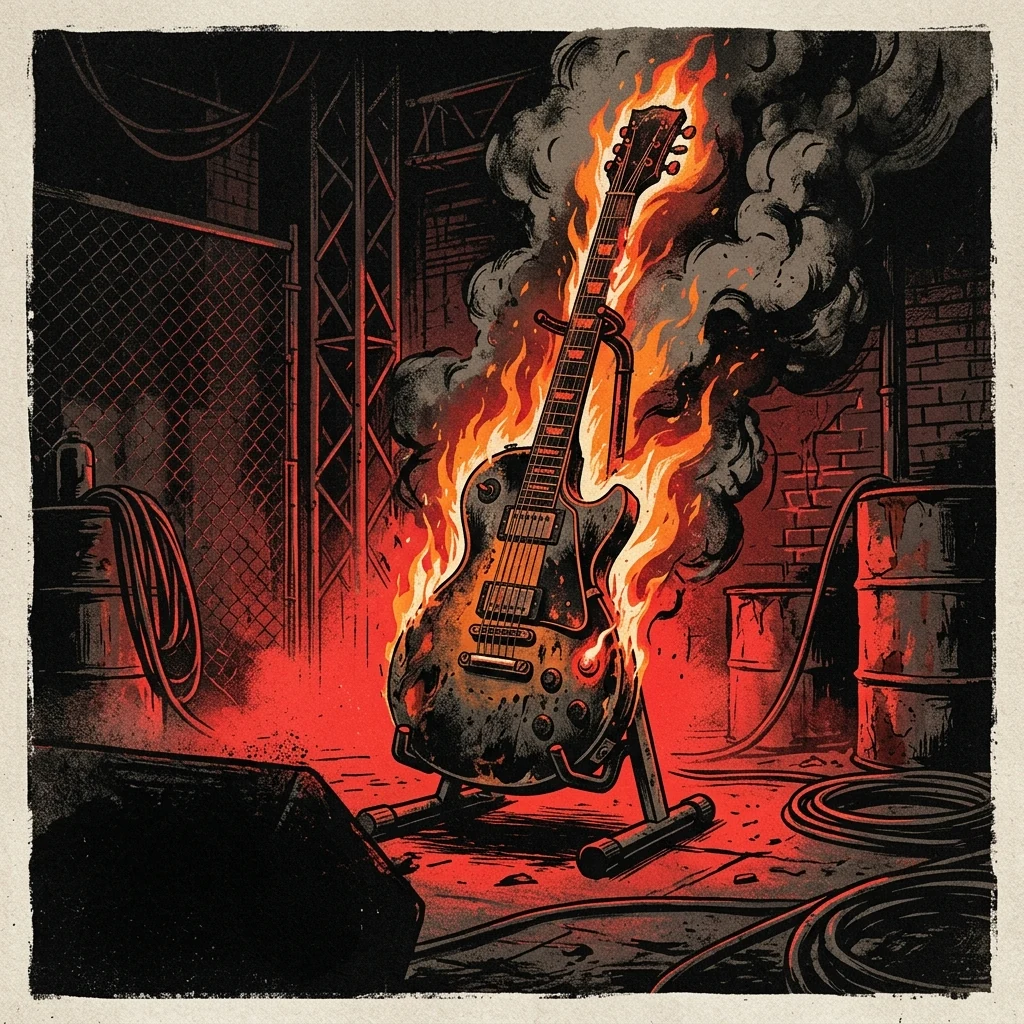ilustración tributo de una guitarra eléctrica en llamas sobre un escenario industrial hamburgués, humo denso y luz roja desde el suelo, estética doom punk underground alemán, sin rostros reconocibles ni logos, paleta rojo y negro