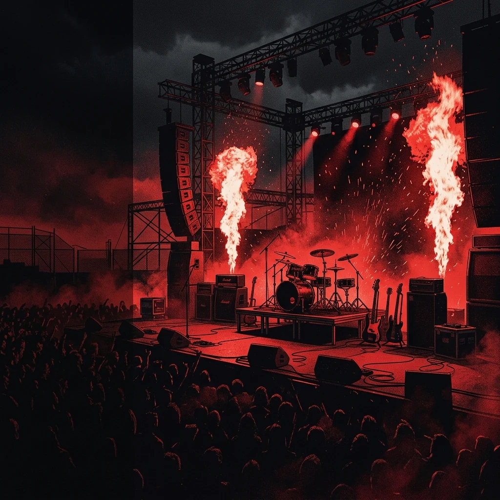 ilustración tributo de un escenario de festival europeo nocturno con llamas en los laterales, dos siluetas sobre tarima bajo una lluvia de chispas rojas, multitud al fondo, atmósfera sludge metal, sin rostros ni logos, paleta rojo y negro