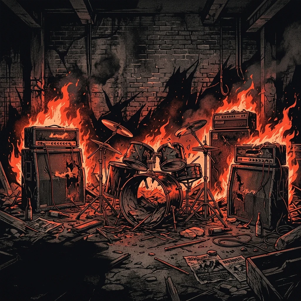 ilustración tributo de una batería destrozada rodeada de amplificadores en llamas en una sala de ensayo industrial, pared de ladrillo al fondo con sombras amenazantes, doom punk alemán underground, sin texto ni logotipos, paleta rojo y negro con detalles naranja fuego
