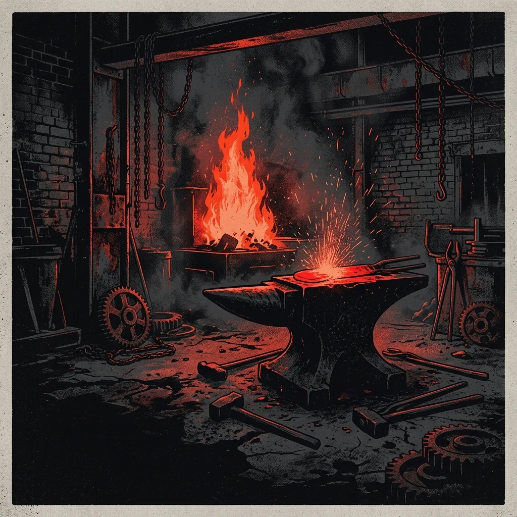 ilustración tributo de una fragua oscura en las entrañas de una ciudad industrial sueca, metal fundido en rojo sobre yunque negro, llamas que forman pentagramas en el aire viciado de la fábrica, atmósfera de black metal escandinavo primera mitad de los 90, sin rostros reconocibles ni logos, paleta rojo sangre y negro carbón