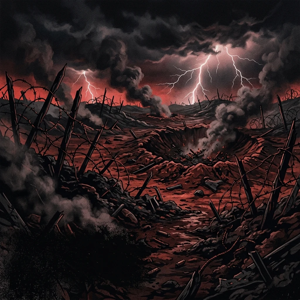 ilustración tributo de un campo de batalla devastado bajo tormenta eléctrica, cráteres humeantes en tierra negra arrasada, cruces invertidas clavadas en el barro rojo, alambres de púas entre sombras de humo, atmósfera de black metal de guerra segunda mitad de los 90 y principios de los 2000, sin rostros ni logos, paleta rojo sangre y negro carbón