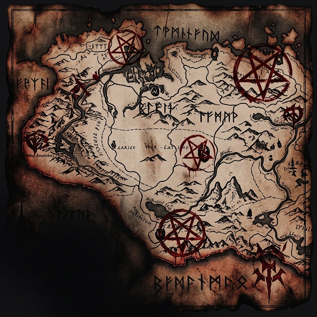 ilustración tributo de un mapa de guerra antiguo con coordenadas en runas nórdicas superpuestas, sellos militares convertidos en pentagramas invertidos, tinta roja sangre sobre papel quemado y oscurecido, emblemas de caos y destrucción sin referencias reconocibles ni logos, paleta rojo carmesí y negro profundo